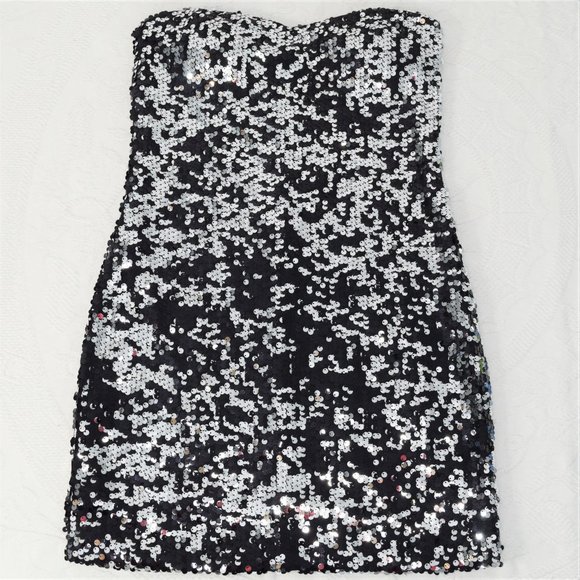 As U Wish Two Way Sequin Strapless Bodycon Evening Cocktail Dress Black Silver M - Picture 3 of 13